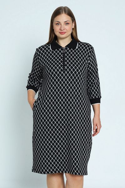İntensive γυναικείο plus size καρό μανίκι τριών τετάρτων φόρεμα ζακάρ λίκρα με φερμουάρ στο λαιμό