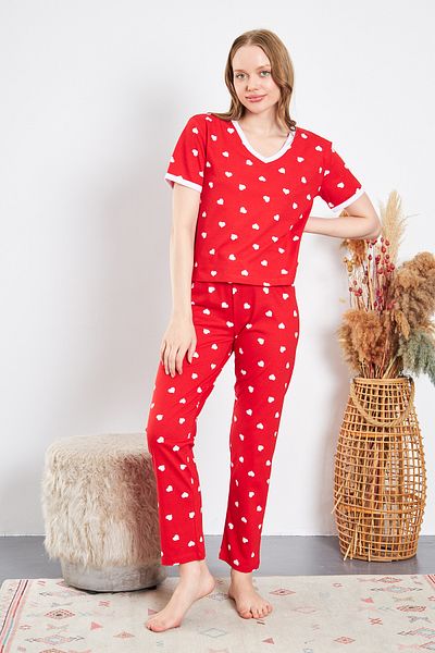 CrazyShopping Women's 2-Piece Set T-shirt/Pajama Metrag Printed Cotton Knitted Heart Pajama Set