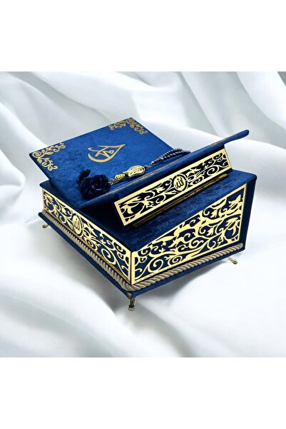 Mustafa Ediz İsme Özel Lacivert Kadife Kaplı Rahleli Sandıklı Kuranı Kerim Seti