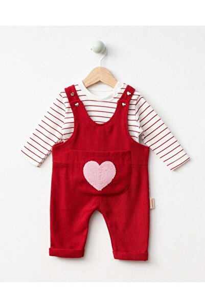 NUNU BABY Heart Punch Embroidered Salopet Set - Red