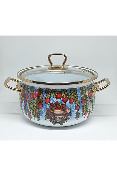 Avşar Enamel House 18 cm 2 Liter Pomegranate Basket Vintage Decored Enamel Pot