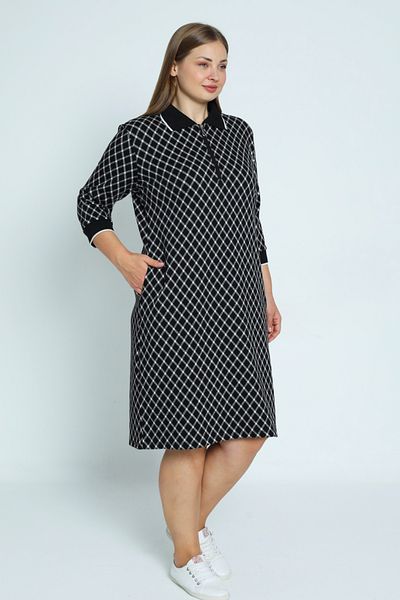 İntensive γυναικείο plus size καρό μανίκι τριών τετάρτων φόρεμα ζακάρ λίκρα με φερμουάρ στο λαιμό