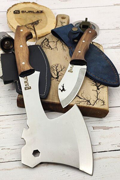 SürLaz Isme Özel Outdoor Kamp Balta Ve Kamp Bıçak 2'li Deri Kılıf Set Paslanmaz Çelik