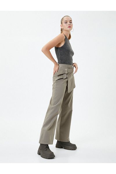 Koton Double Breasted Trousers Wide Wide Straight Leg Comfortable Fit Belt Detailed Cotton