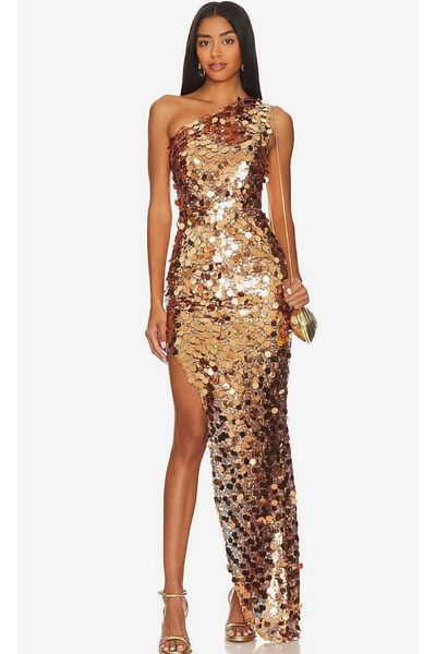 nish for you Sequin One Sleeve Asymmetrical Cutout Designer Dress