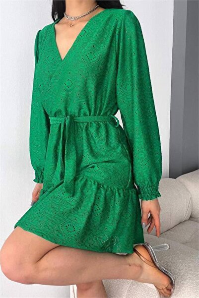 Dipmoda γυναικείο πράσινο μίνι φόρεμα με διπλό πέτο ζώνες DPK2026