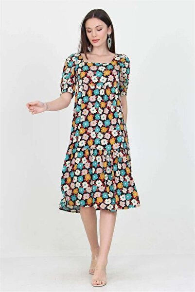 Dipmoda Γυναικεία φούστα με τετράγωνο γιακά με βολάν Με φλοράλ μοτίβο Βισκόζη...