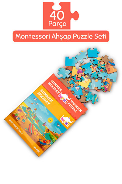 Hopiers Montessori Summer Holiday Ahşap 40 Parça Puzzle/ 1+ Yaş/ Eğitici, Öğr...