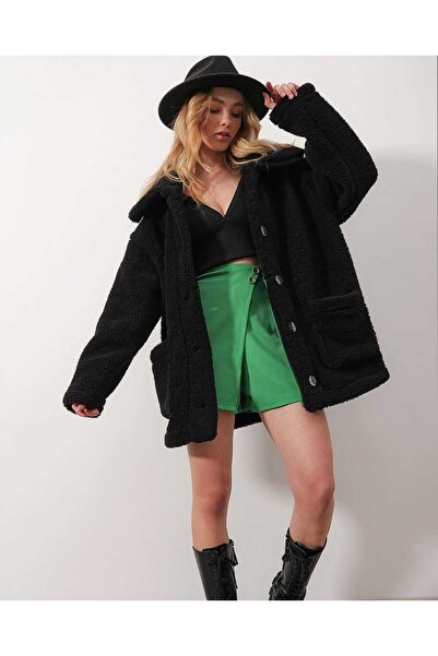 Panga6 moda Kadın Siyah Düğmeli Peluş Kaban