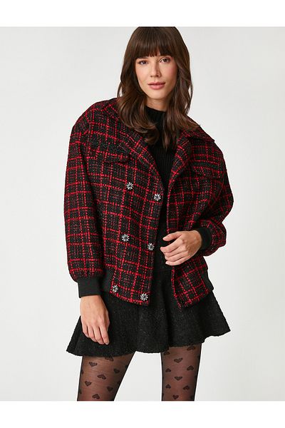 Koton Juwelenbesetzte, geknöpfte Bomber-Tweed-Jacke mit Taschen