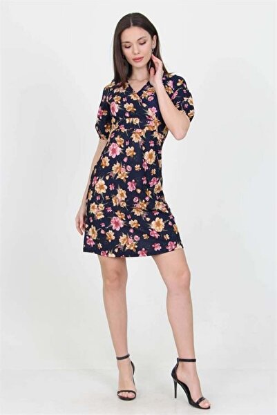 Dipmoda Γυναικείο διπλό πέτο γιακά Με φλοράλ μοτίβο πλεκτό Κρεπ μίνι φόρεμα D...