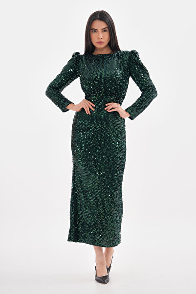 migi life Kadife Payet Bilek Boy Şık Elbise