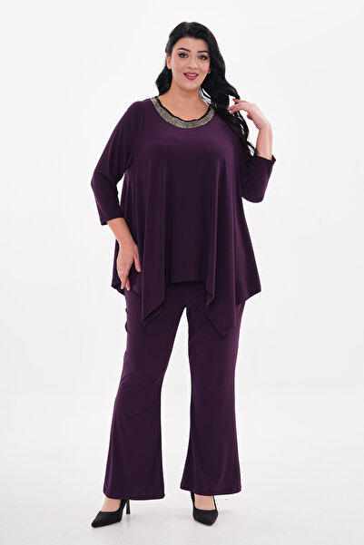 IŞILTI Σετ παντελόνι με φαρδύ πόδι από ύφασμα Sendy με κεντημένο γιακά σε μεγάλο μέγεθος 5001