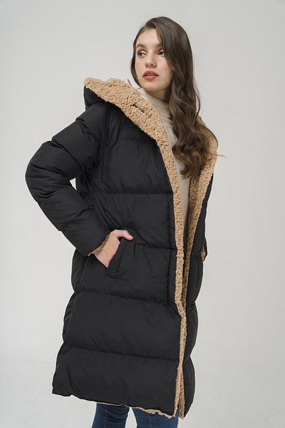 Olcay Doppelseitige Fleece-Pufferjacke mit Kapuze, Schwarz-Stein 6491
