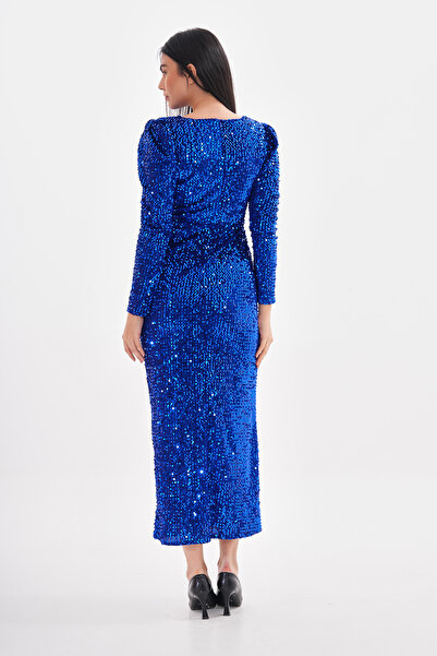 migi life Kadife Payet Bilek Boy Şık Elbise