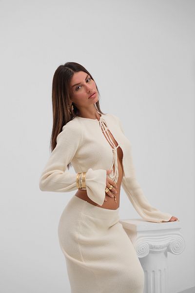 Black Fashion Bow Cardigan Slit Skirt Knitwear Ecru Set