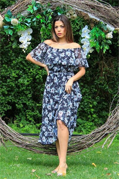 Dipmoda γυναικείο μαύρο φόρεμα σιφόν με λουλουδάτο γιακά Carmen για το καλοκα...