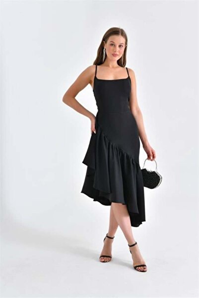 Dipmoda Dipmoda Women Black Strap Asymmetrical Evening Dress Dpswll11