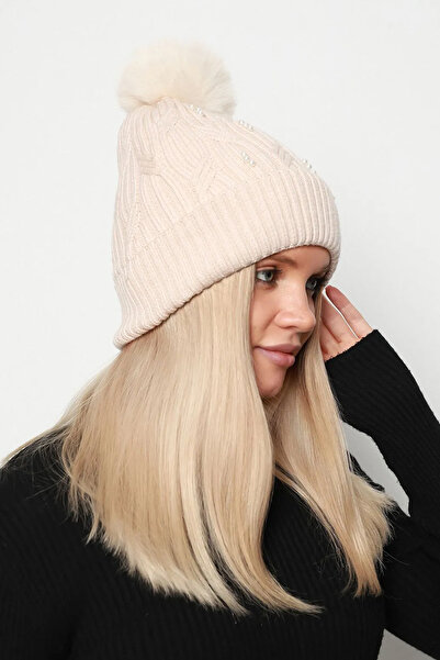REMSA Women's Wool Beret with Beads and Pompom Detail - Rkş-18 Beige