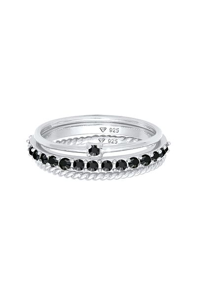 ELLI Inel de damă Solitaire elegant, model răsucit, cu cristale negre, din argint 925
