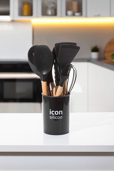 Porsima 713 12 Pieces Silicone Heat Resistant with Stand Spatula Kitchen Serving Set Serving Prep Set