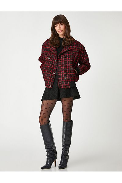 Koton Juwelenbesetzte, geknöpfte Bomber-Tweed-Jacke mit Taschen