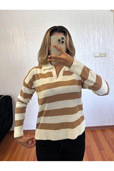 SHINE STYLE Kalın Çizgili Polo Yaka Kazak Kahverengi