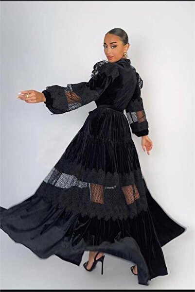 Dipmoda Γυναικείο βραδινό φόρεμα από μαύρο βελούδινο ύφασμα με πέρλες DPNBEMP...