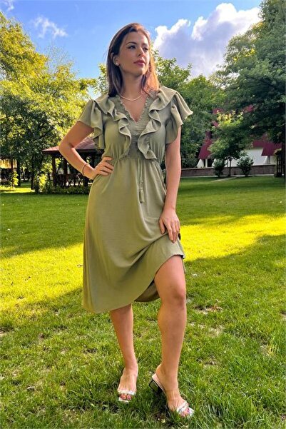 Dipmoda Rochie ayrobin pentru femei cu guler și mâneci cu volane și detaliu d...