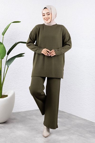 Tesettür Dünyası Costum de tricotaj kaki - mânecă detaliată cu nasturi, TSD 240947