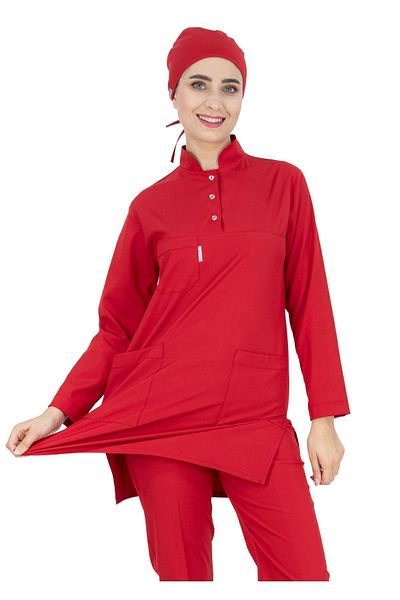 Alsancak Üniforma Red Thin Fabric Lycra Hijab Nurse Jersey And Hijab Doctor Jersey Set