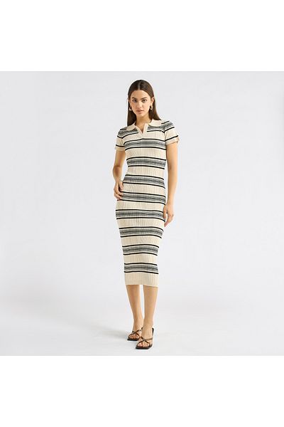 FAV Striped Collared Bodycon Dress with Short Sleeves