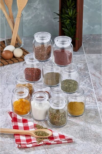 ŞAKİLATA CONCEPT 12Pcs 300ml Glass Seasoning Rack Set - Clear Acrylic Lid Jar Storage Container