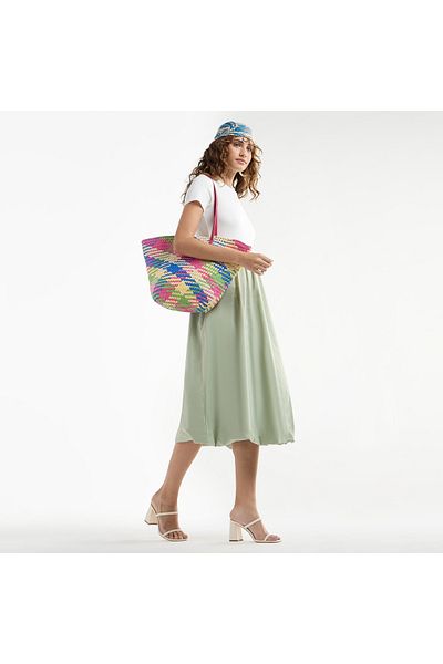 FAV Colourblock A-line Dress with Round Neck and Short Sleeves