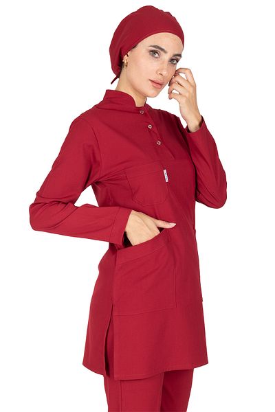 Alsancak Üniforma Dark Red Thin Fabric Lycra Hijab Nurse Jersey and Hijab Doctor's Jersey Set