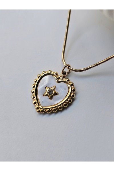 Ari Jewelry Sedef Taşlı Çelik Kalp Kolye - Yıldız İşlemeli, Altın ve Gümüş Re...