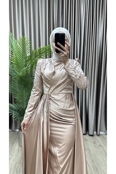 MERA outlet Plus Size Irem Satin Rhinestone Hijab Evening Dress