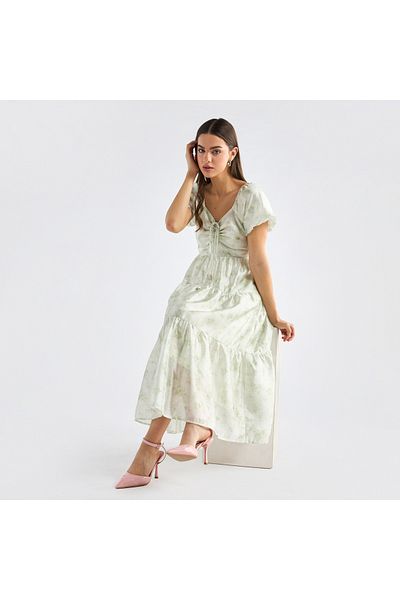 FAV Floral Print Tiered Dress with Sweetheart Neck and Short Sleeves