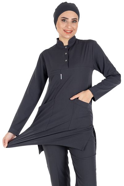 Alsancak Üniforma Antracit din țesătură subțire din Lycra Hijab Jersey pentru asistentă și Set de jerseu pentru doctor Hijab