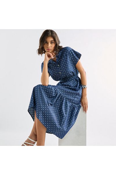 FAV Polka Dot Print Shirt Dress with Pockets and Tie-Up Detail