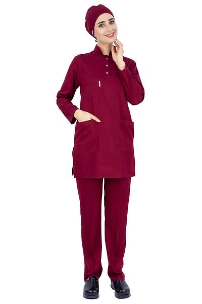 Alsancak Üniforma Tricou pentru asistentă hijab din lycra din țesătură groasă de culoare burgundă și set de tricou pentru medic chirurgical