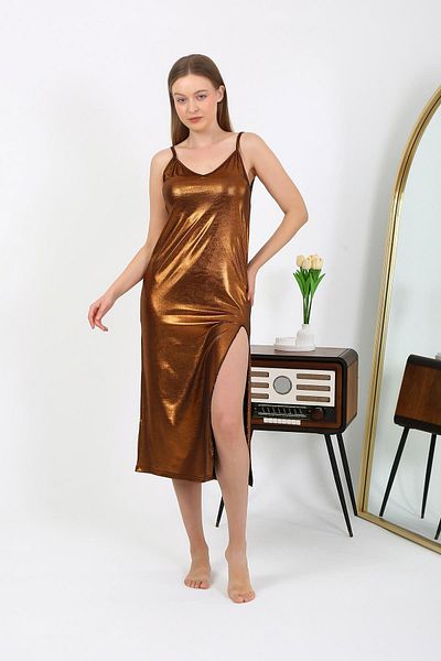 Akbeniz Women's Rope Strap Long Shiny Micro Dress Nightgown 7415 Brown