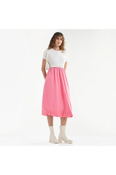 FAV Colourblock A-line Dress with Round Neck and Short Sleeves