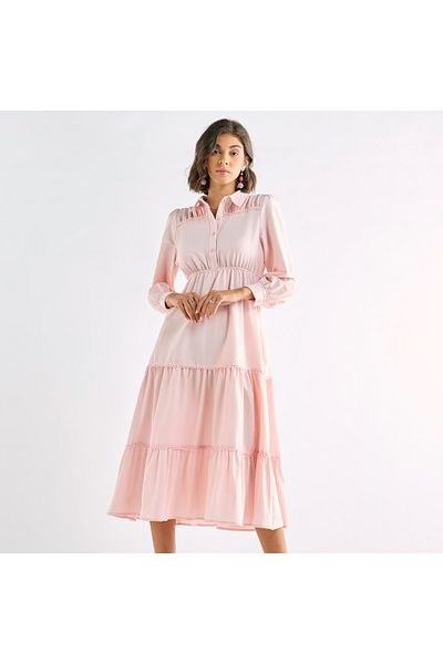 FAV Solid Tiered Midi Dress with Puff Sleeves and Collar