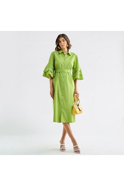 FAV Solid Shirt Dress with Ruffle Sleeves and Belt