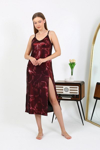 Akbeniz Women's Rope Strap Long Shiny Micro Dress Nightgown 7415 Burgundy
