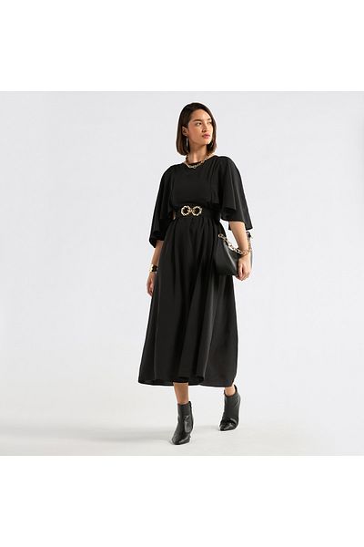 FAV Solid Midi Dress with Flutter Sleeves and Tie-Up Belt