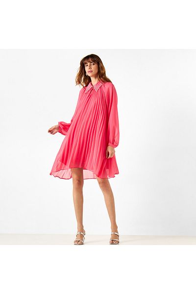2Xtremz Pleated Dress with Embellished Collar and Bishop Sleeves