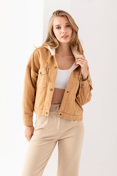 TUBA SÖZEN BUTİK Short Denim Plush Coat with Hood
