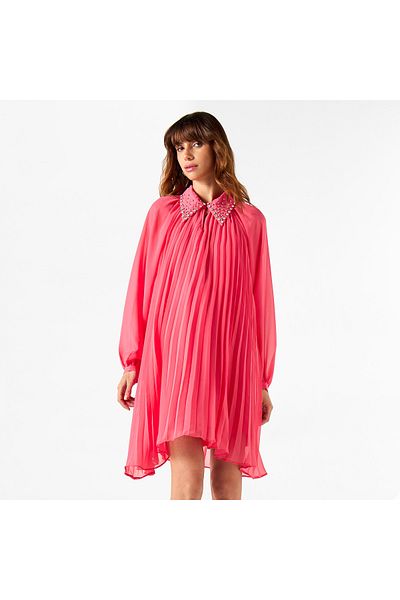 2Xtremz Pleated Dress with Embellished Collar and Bishop Sleeves
